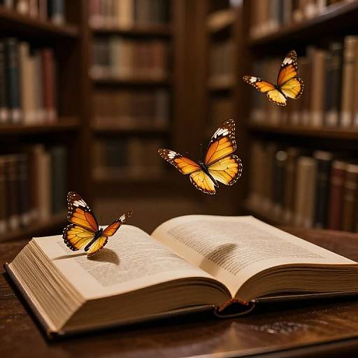 Photograph of three vibrant orange and black butterflies fluttering around an open book on a wooden table in a library.