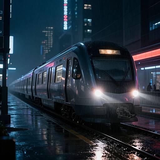 Nighttime photograph of a sleek, modern train with glowing headlights on a wet, reflective platform in a neon-lit city.