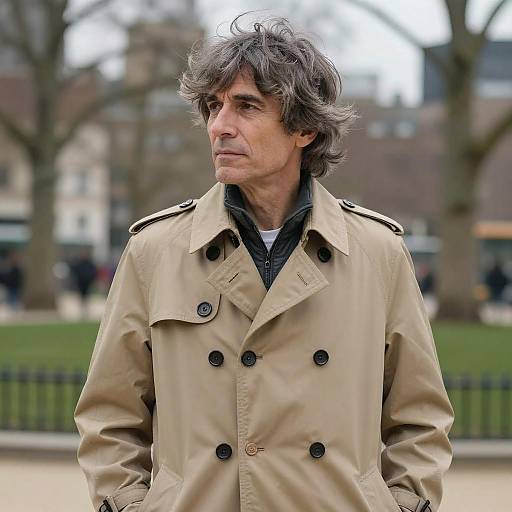 Photograph of a middle-aged man with wavy gray hair, wearing a beige trench coat, standing outdoors in a park. Blurred background includes trees