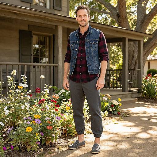 Photograph of a smiling, bearded man with short brown hair, wearing a denim vest, black shirt, and pants, standing in a sunlit