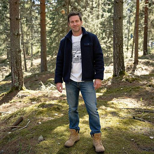 Photograph of a Caucasian man with short brown hair, wearing a navy jacket, white graphic t-shirt, blue jeans, and tan boots, standing on