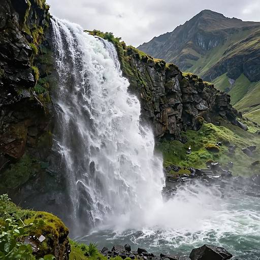 Photograph of a powerful waterfall cascading down a rocky cliff, surrounded by lush greenery and mountainous landscape under a cloudy sky.