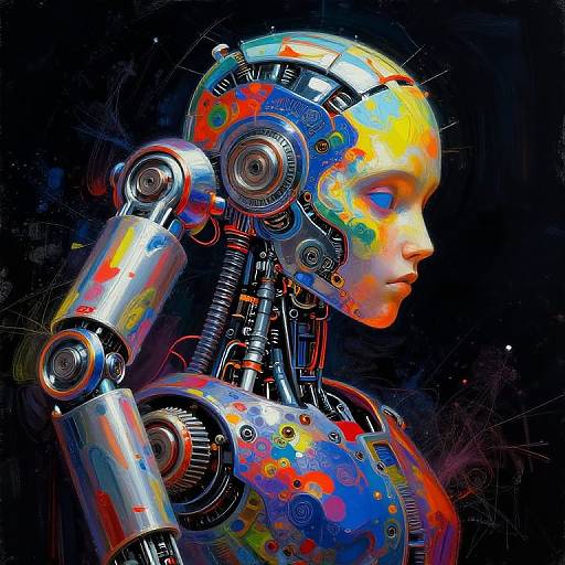 Digital artwork of a colorful, futuristic robot with a human-like face, metallic joints, and vibrant splashes of red, blue, yellow, and orange
