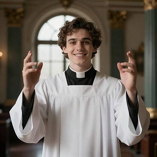 Smiling Young Cleric in Ornate Room