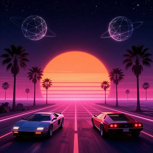 Neon-lit, retro-futuristic highway scene at sunset with two cars, palm trees, and glowing planetarium spheres in a vibrant pink and