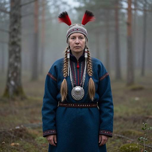 Photograph of a middle-aged woman in traditional Sami attire with braided hair, red feathered hat, blue dress, and large silver necklace,