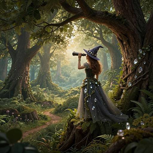 Fantastical forest scene: a curly-haired witch in a sparkly, gem-embellished dress and pointed hat, using binoculars,