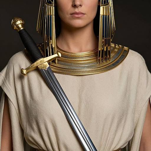 Photograph of a woman with golden earrings, beige tunic, and ornate gold necklace, holding a sword with a black hilt, against a