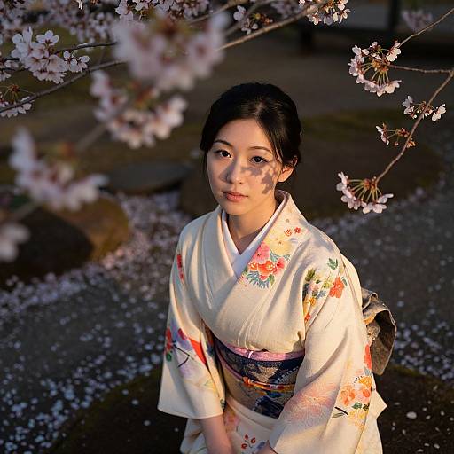 Photograph of a young Japanese woman with fair skin and black hair in a floral kimono, standing among blooming cherry blossoms at sunset.