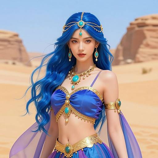 Digital art of a blue-haired woman with long wavy hair, wearing a blue and gold bikini-like top with turquoise gems, in a desert landscape.