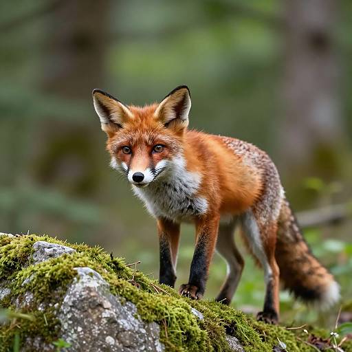 Photograph of a red fox with vibrant orange fur, black legs, and white underbelly, standing on a moss-covered rock in a blurred,