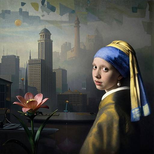 Cyberpunk Landscape Inspired by Vermeer and Ghibli