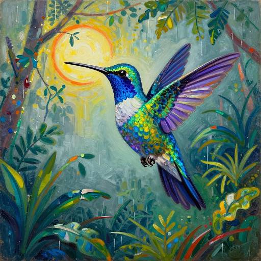 Vibrant Fauvist Hummingbird in Rainforest