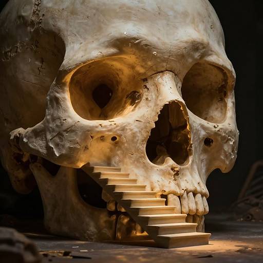 Photograph of a large, weathered skull with glowing internal light, illuminated by a staircase of wooden steps leading into its mouth. Dark, shadowy