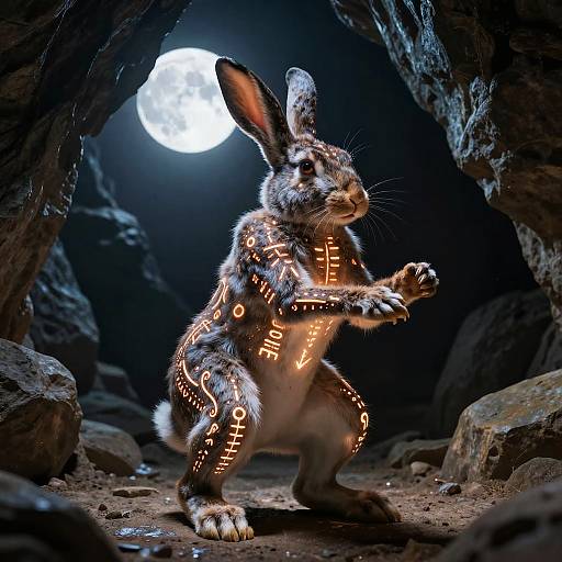 Digital artwork of a glowing, tattooed rabbit standing in a dark cave under a full moon, with illuminated runes on its fur.