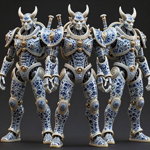Photograph of three intricately detailed, blue and white porcelain warrior statues with gold accents, horned helmets, and ornate armor, standing in a
