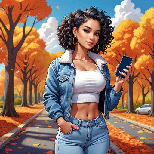 Cartoon Woman with Smartphone on Autumn Path