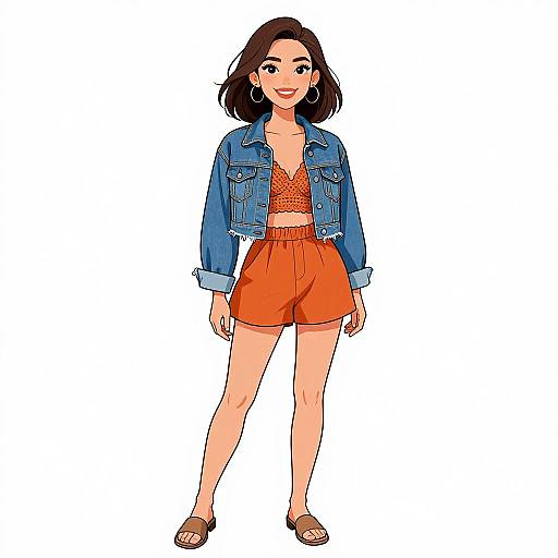 Digital illustration of a smiling woman with medium-length brown hair, wearing a blue denim jacket, orange lace top, high-waisted orange shorts, and