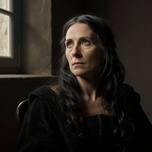 Photograph of a solemn middle-aged woman with long, wavy black hair, wearing a black shawl, sitting in dimly lit room, g