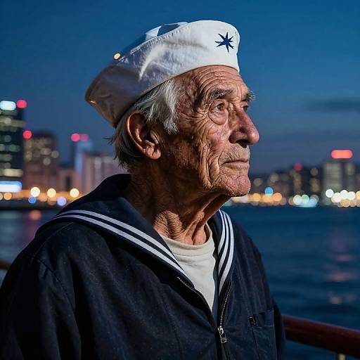 Photograph of an elderly man with wrinkled skin, white hair, wearing a white sailor hat and black jacket, gazing at a city skyline at