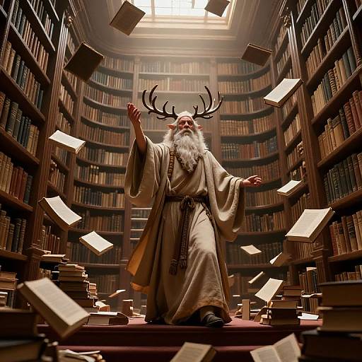 Photorealistic CGI of a bearded wizard with antlers, in a flowing robe, amidst floating books in a grand, dimly lit library.