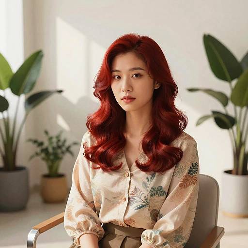 Photograph of an Asian woman with long, wavy red hair, wearing a floral-patterned beige blouse, sitting in a sunlit room with p