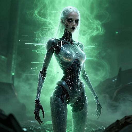 Digital artwork of a glowing, metallic, cybernetic woman with white hair, dark eyes, and exposed joints, standing in a green-lit,