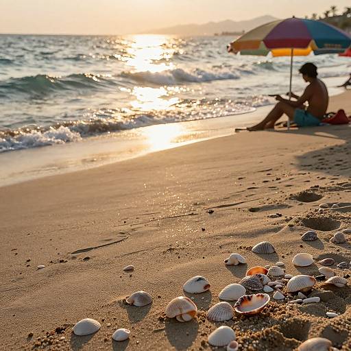 Photograph of a sunset beach scene with a silhouetted person under a colorful umbrella, surrounded by seashells on the sand.
