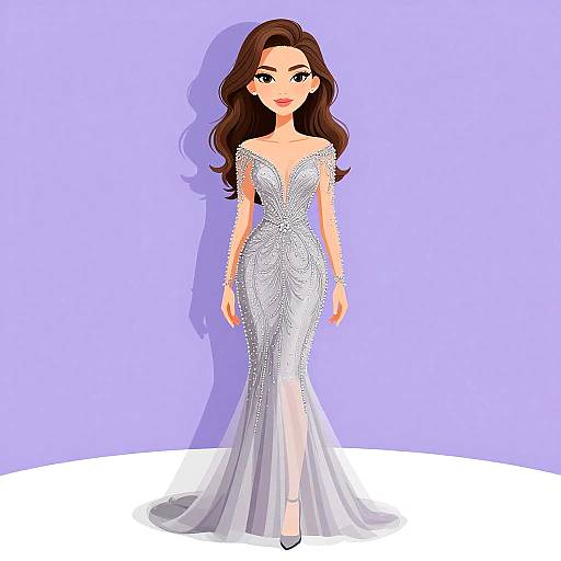 Digital illustration of a fair-skinned woman with long brown hair, wearing a sparkling, form-fitting white gown with a deep V-neck, standing against