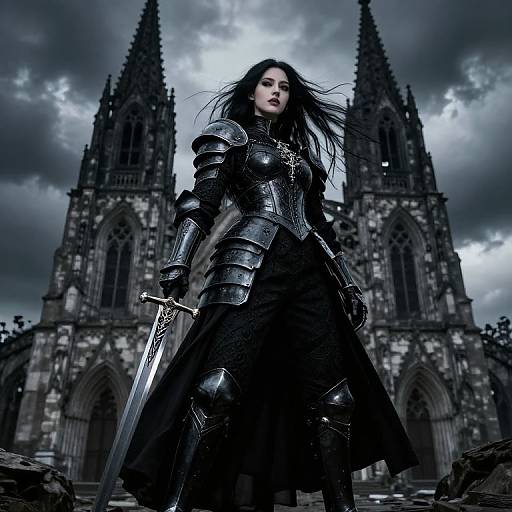 Photorealistic digital art of a dark-haired, pale-skinned woman in black armor, holding a sword, standing before a gothic cathedral under a