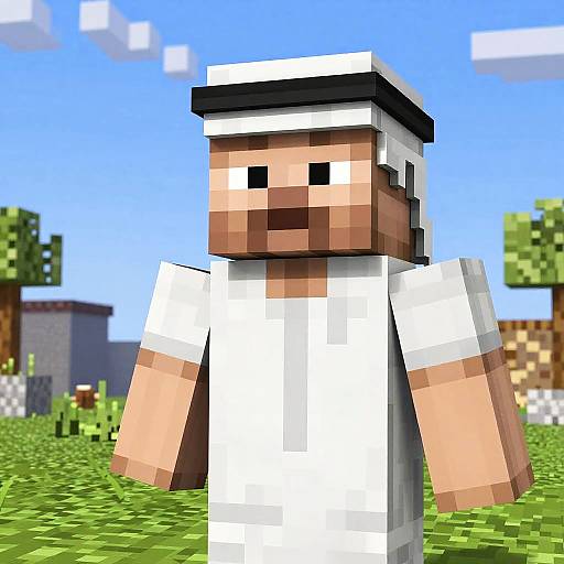 Pixelated Minecraft-style image of a blocky, bearded male character in a white robe, standing on grass with a blue sky and blocky trees