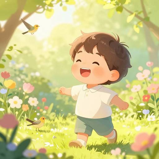 Chubby, smiling toddler in white shirt and green shorts runs joyfully in sunlit, colorful meadow with two small birds flying. Digital anime-style