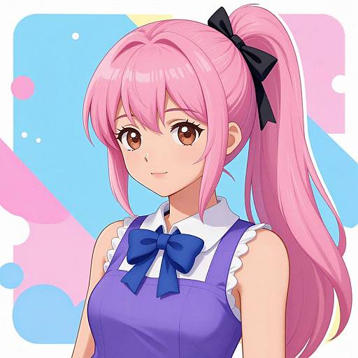 Anime-style digital illustration of a cute girl with pink hair in a high ponytail, brown eyes, wearing a blue dress with a white collar and bow