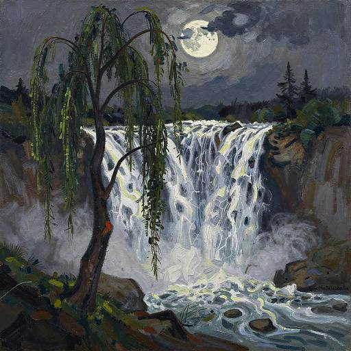 Expressionist Thunderous Waterfall Scene
