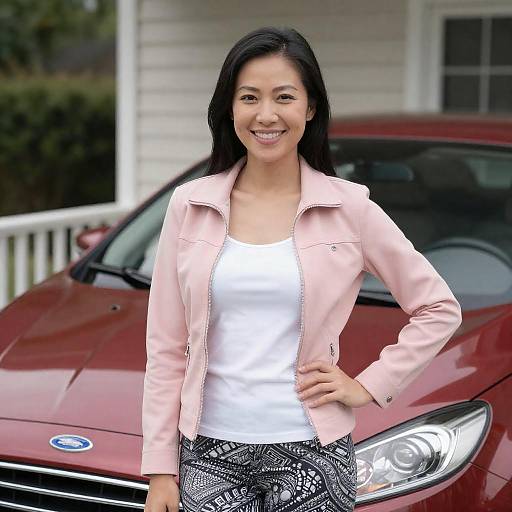 Smiling Asian Woman Standing by Maroon Ford Car