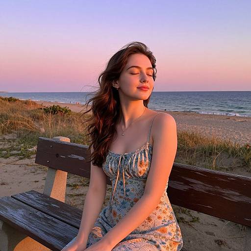 Photograph of a young woman with long brown hair and closed eyes, wearing a floral sundress, sitting on a wooden bench at a beach during sunset