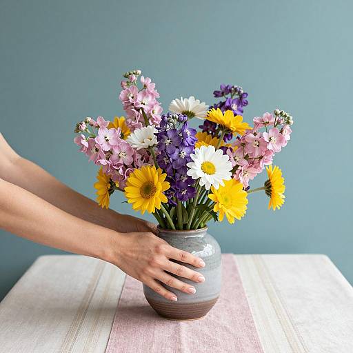 Hands Arranging Colorful Floral Bouquet in Vase