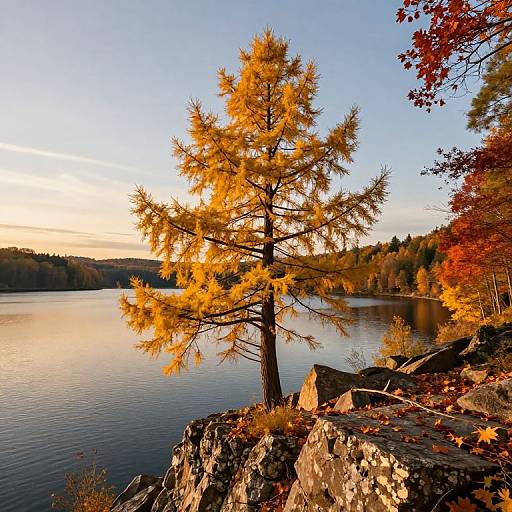 Photograph of a sunlit autumn tree with golden leaves standing on rocky shoreline, reflecting in a calm lake with distant forest.