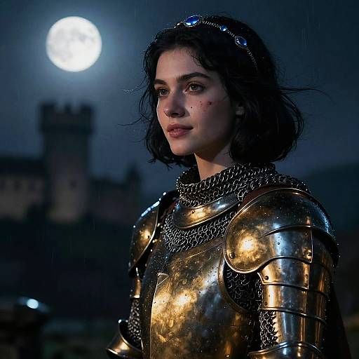 Medieval Woman in Golden Armor under Moonlight