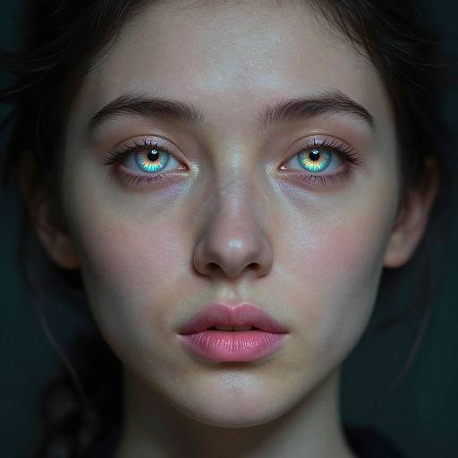 Photorealistic digital portrait of a young woman with striking, glowing blue eyes, pale skin, and pink lips, set against a dark background.