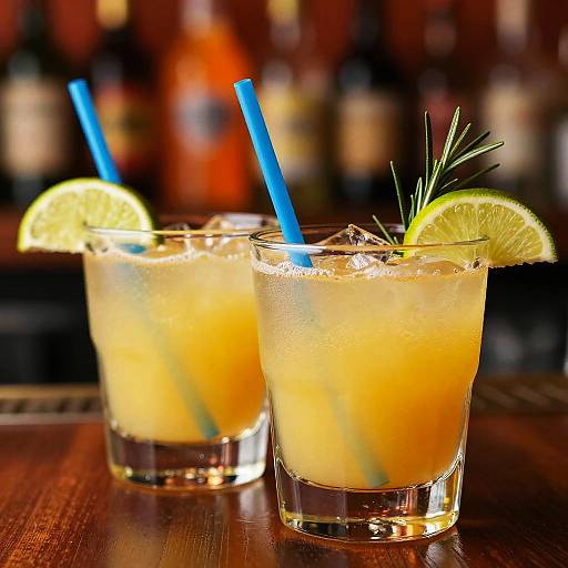 Photograph of two margaritas with blue straws, ice, lime wedges, and rosemary garnish on a wooden bar, blurred background