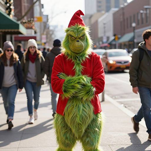 Photograph of a grumpy-looking green furry creature in a red Santa hat and jacket, standing in a busy urban street, with pedestrians and cars in