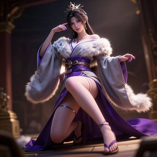 Digital artwork of a beautiful Asian woman in a luxurious purple kimono with white fur trim, kneeling with a confident pose, wearing a crown and sandals,