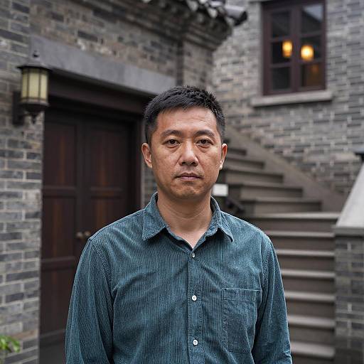 Man in Striped Shirt by Brick Building