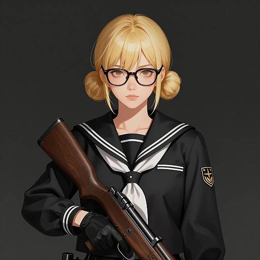 Blonde Woman in Black Sailor Uniform with Rifle