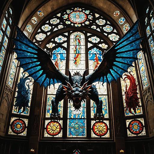 Fantasy Winged Chimera in Gothic Stained Glass Setting