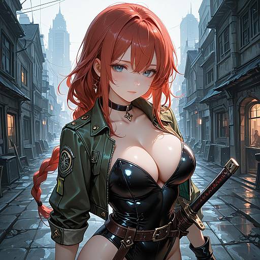 Red-Haired Anime Woman with Sword in City Street