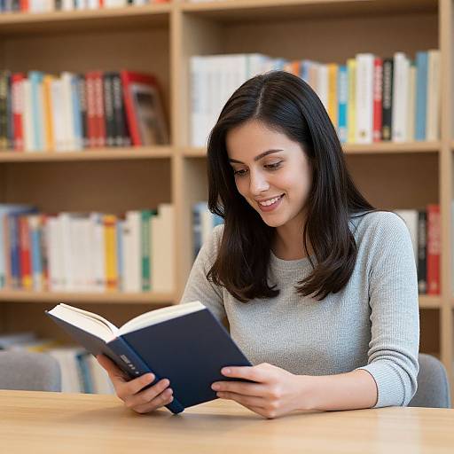 Photograph of a smiling young woman with straight black hair, wearing a light gray sweater, reading a black book at a wooden table in a brightly lit