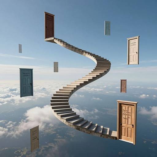 Serpentine Staircase to Floating Doors