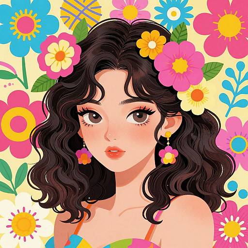 Digital drawing of a cute, fair-skinned woman with wavy black hair, adorned with colorful flowers, wearing earrings, against a vibrant floral background.